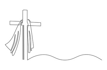 Continuous one line drawing of Jesus crucifixion wrapped flying cloth. Single line drawing illustration of A cross with flying cloth. Happy Ascension Day concept vector art. Doodle line illustration.