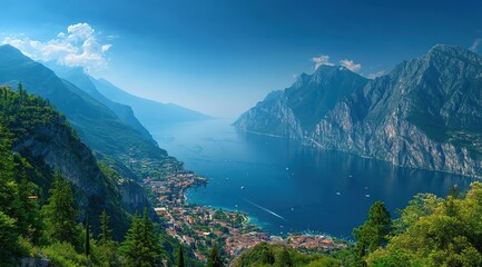 Panoramic View Of Italian Lake Surrounded By Mountains