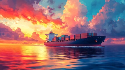 Fototapeta premium Cargo ship sails through calm waters under a vibrant sunset sky with dramatic clouds