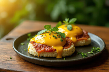 Delicious Egg Benedict in Rustic Kitchen Corner with Olive Green Background and Sunset Light