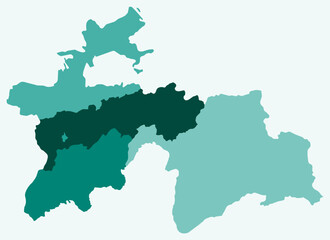 Map of Tajikistan with regions. Just a simple country border map with region division. Teal color palette. Blank Tajikistan shape with administrative division. Vector illustration.