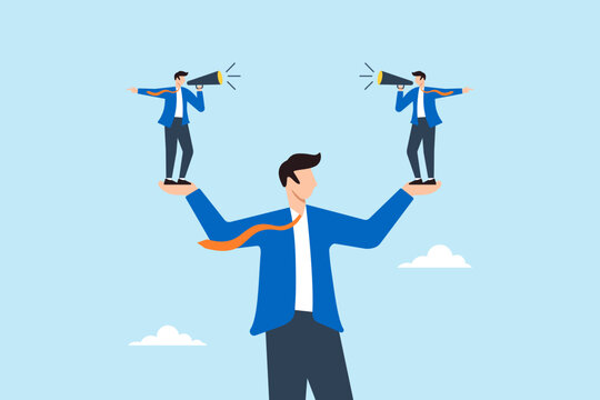 Flat illustration of confused businessman with two mini versions of himself in both hands shouting opposite directions on megaphones internal conflict and decision making dilemma