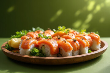 Tempting Sushi Platter in Botanical Brunch Corner: Clean Food Photography with Olive Green Background and Natural Window Diffused Light