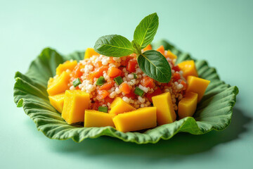 Delicious Thai Mango Salad Photography: Rustic Table, Mint Background, Clean Style, High Res