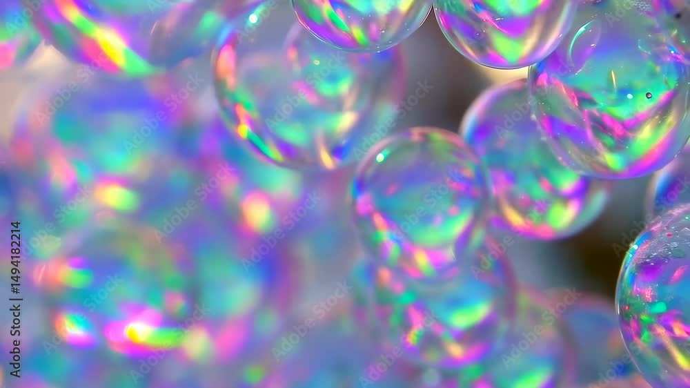 Poster close up of transparent iridescent bubbles creating holographic, futuristic texture and abstract pat