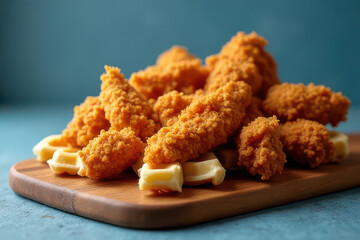 Tempting Fried Chicken Waffles on Wooden Cutting Board: Clean Food Photography with Hard Side Light and Dusty Blue Background