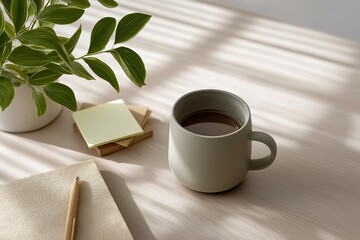 Sage Green Coffee Mug on Beige Table with Sunlight and Plant