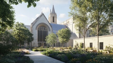 Fototapeta premium Serene Garden at the Chapel: A Tranquil Architectural Landscape