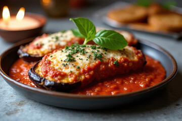 Delicious Eggplant Parmesan: Clean Food Photography in Industrial Café Ambiance