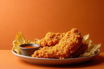 Delicious Buttermilk Fried Chicken Photography: Botanical Brunch Setup on Terracotta Background