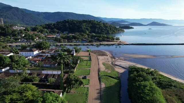 Stunning aerial view of Paraty, Rio de Janeiro, showcasing the vibrant coastal town and surrounding nature.