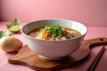Authentic Vietnamese Pho Photography: Rustic Table Setting, Soft Pink Background, Moody Lighting, High-Res Food Image