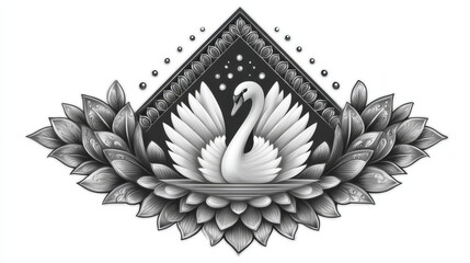 Elegant Monochrome Swan Illustration with Geometric Frame and Floral Elements