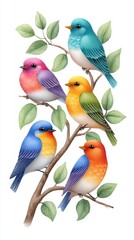 Obraz premium Five Colorful Birds on Branch Vivid Illustration