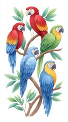 Naklejka premium Five Colorful Macaws on Branch with Green Leaves