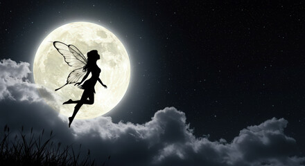Fairy silhouette flying against a full moon in a night sky  