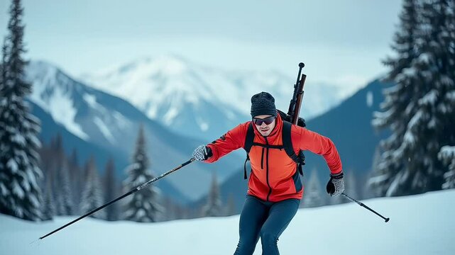 Biathlete Skiing Through Snowy Mountain Landscape in Winter Sports Competition