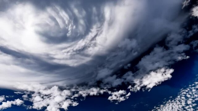 Dramatic cloudscape with dark, swirling storm clouds meeting a patch of smaller, puffy cumulus formations above deep blue expanse.