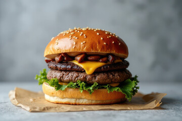 Tempting Mushroom Swiss Burger Photography: Rustic Corner, Light Gray Background, Clean Style, Moody Low Key Radiance, Spacious Layout, High Resolution