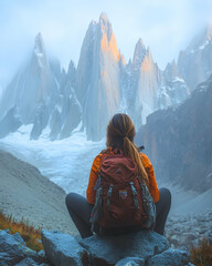 A woman contemplates majestic mountain peaks.