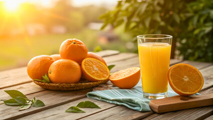 Fresh Orange Juice and Oranges on a Rustic Wooden Table Outdoors
