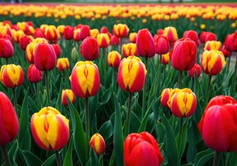 Obraz premium Red and yellow tulips blooming in a vibrant flower field