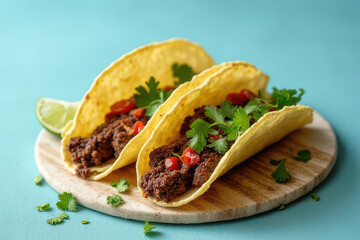 Tempting Beef Tacos in Rustic Kitchen Setting: Clean Food Photography with Hard Side Light and Spacious Layout