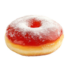 a doughnut covered in powdered sugar on a white surface
