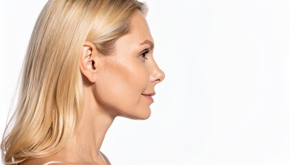 Close-up profile side view of a beautiful blonde woman, isolated on white background