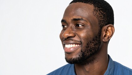 Close-up portrait of a handsome man with a happy smile looking to the left sideways 