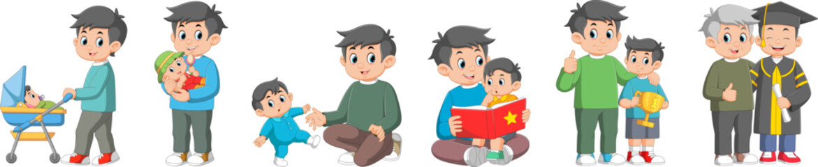 Father and son relationships set. Happy loving family, positive parenting and nurturing. Care, trust and support between parent and a child