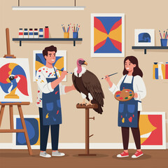 People Painting Vulture in Studio with Art Supplies and Paintings