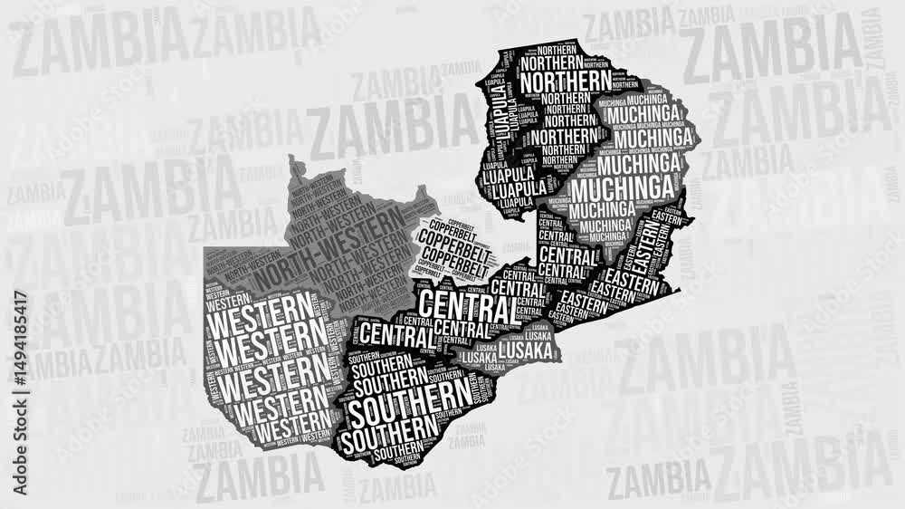 Poster zambia animation. visual effect of zambia regions appearing in black and white word clouds style. co