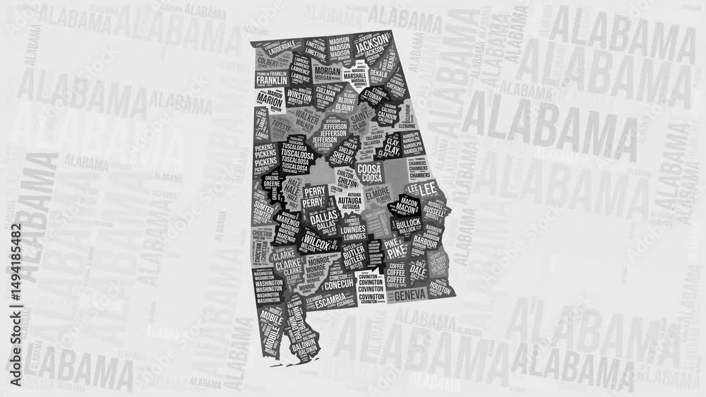 Poster alabama animation. visual effect of alabama counties appearing in black and white word clouds style.