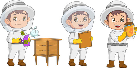 Man Beekeeper Harvest Honey from Bees Vector Set
