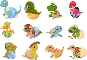 Funny smiling new born prehistoric dino reptiles in shells collection. Jurassic period wild nature