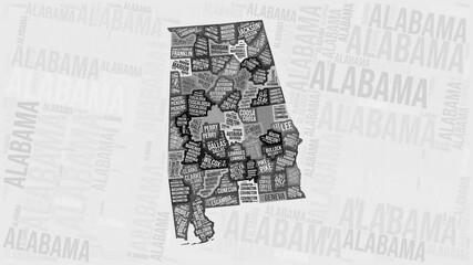 Alabama Animation. Visual effect of Alabama counties appearing in black and white word clouds style. State intro video. Trending Animated Motion Graphics.