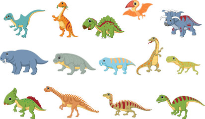 Cute childrens dinosaurs set. carnivorous, herbivorous and flying dinosaurs.