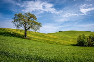 Obraz premium Rolling Green Hills With Single Tree