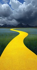 Yellow Brick Road Through Meadow Landscape Under Storm Clouds