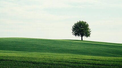 Fototapeta premium Solitary tree stands tall on a lush green hill under a bright sky.