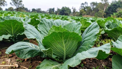 Cabbage Field in a Rural Setting: A verdant expanse of cabbage plants fills the field under a cloudy sky. The vibrant green leaves and lush foliage create a stunning natural panorama.
