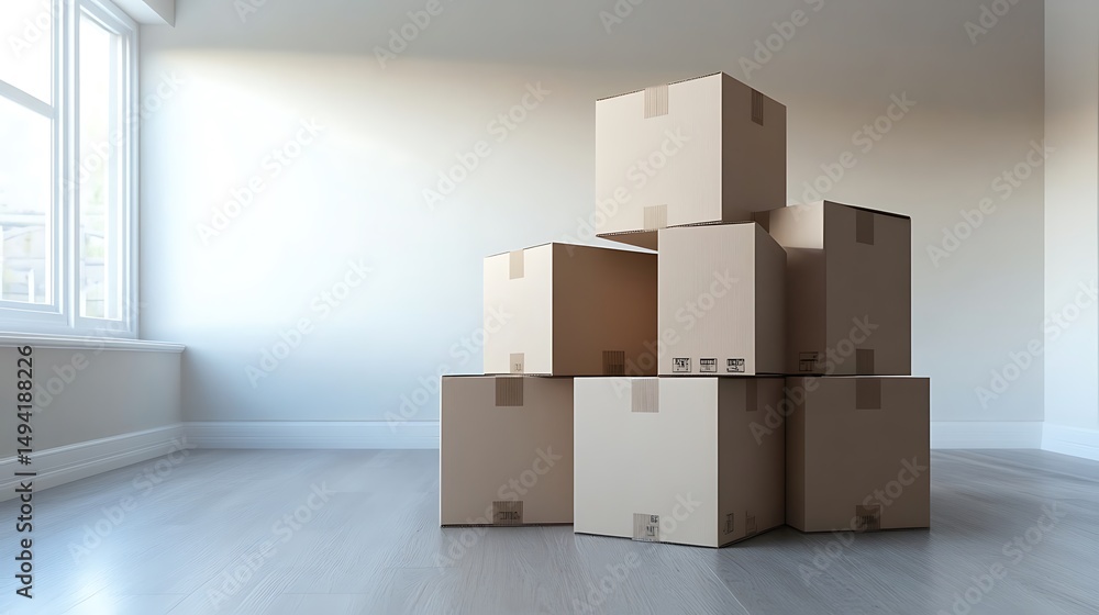 Poster stacked cardboard boxes in a bright with empty room, and ready for relocation or storage.