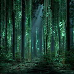 Obraz premium Enchanted Forest of Digital Currency Symbols Surrounded by Lush Greenery and Mysterious Light Flares Creating a Futuristic Atmosphere of Wealth and Nature