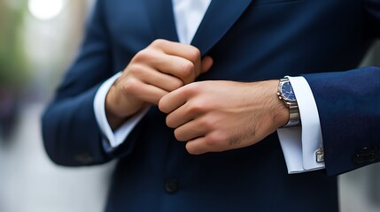 Obraz premium Stylish Businessman in Navy Suit Buttoning Jacket with Elegant Wristwatch Closeup.