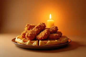 Tempting Fried Chicken Waffles in Cozy Breakfast Corner: Clean Food Photography with Candlelight