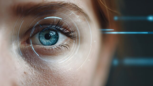 Close-up of a blue eye with digital interface elements around it, suggesting augmented reality or futuristic technology.