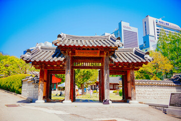 Fototapeta premium Yonsei, University, Seoul, South Korea: 04 30 2025: Spring landscape of Yonsei, University, Seoul, South Korea