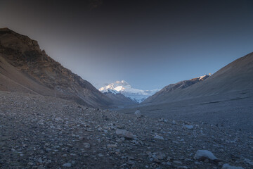 Mount Everest and stacked Mani stones near the north side of Everest base camp