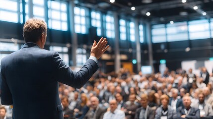 A speaker addresses a large audience at a conference, gesturing with his hand. The room is well-lit and filled with people.